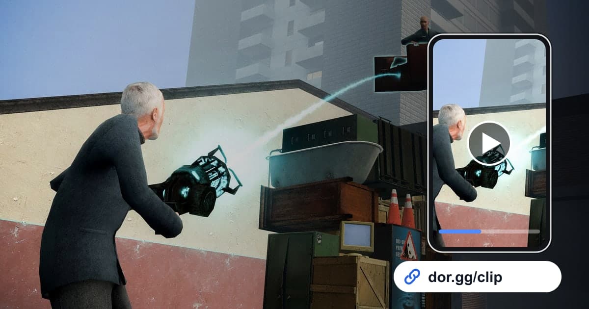 Garry's Mod-Gameplay mit einem Smartphone, das den Clip abspielt, und einem dor.gg-Teilen-Link