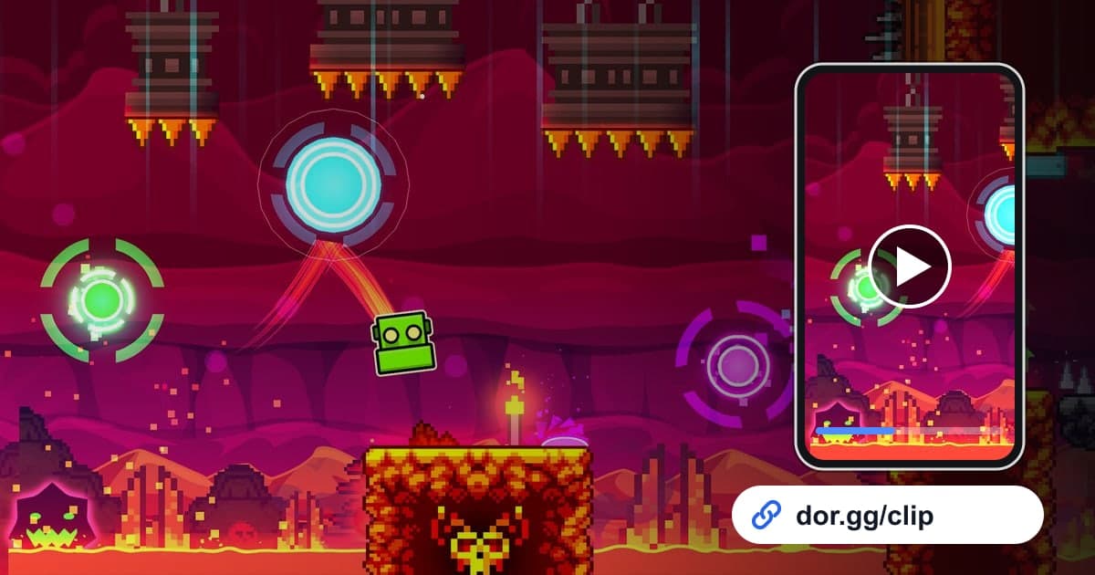 Geometry Dash gameplay art with a phone playing the clip and a dor.gg share link
