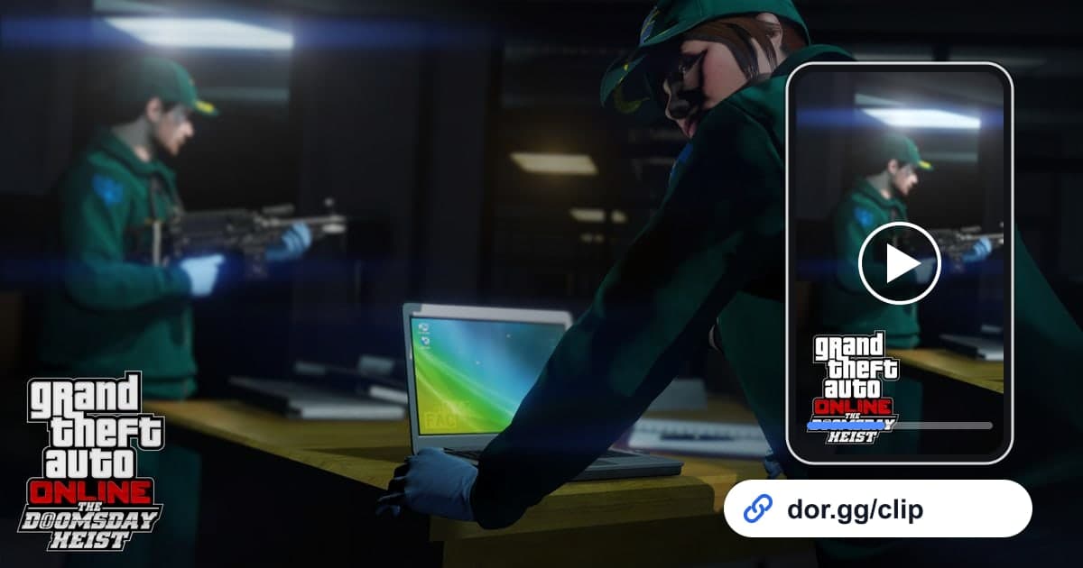 GTA V-Gameplay mit einem Smartphone, das den Clip abspielt, und einem dor.gg-Teilen-Link