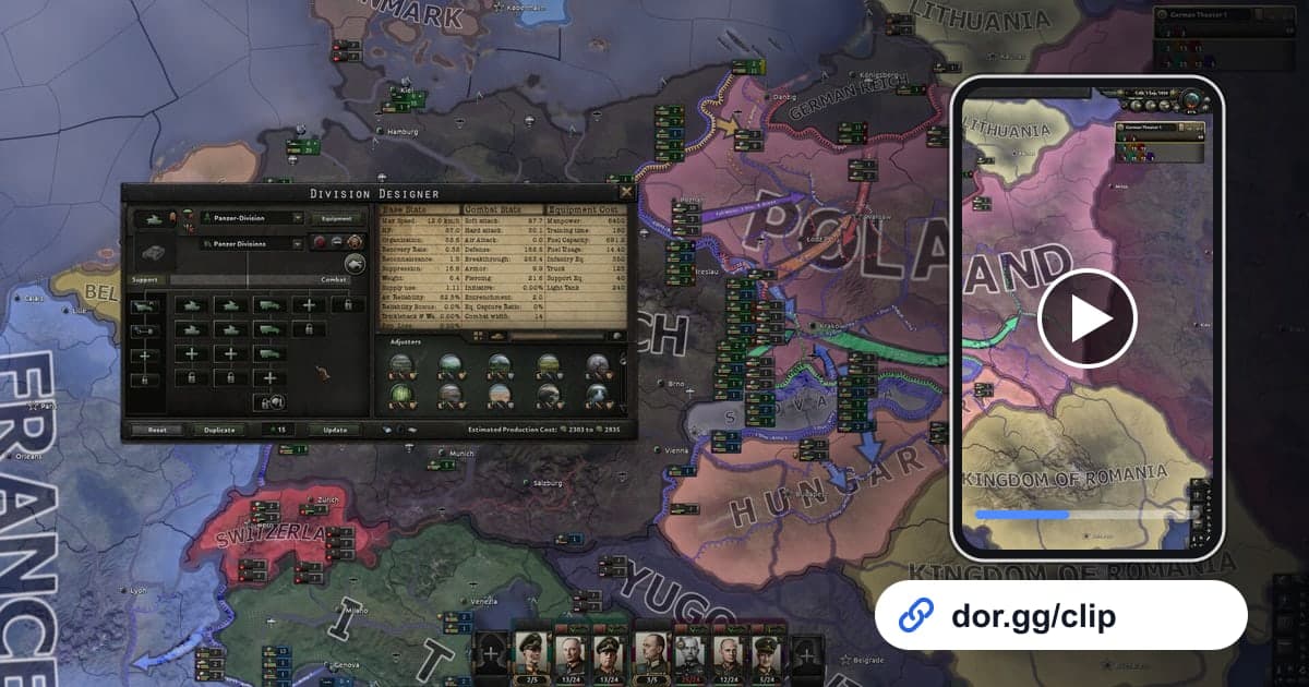 Hearts of Iron IV-Gameplay mit einem Smartphone, das den Clip abspielt, und einem dor.gg-Teilen-Link