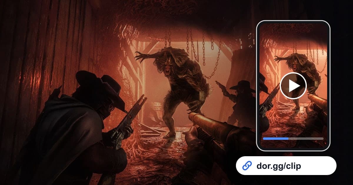 Arte de gameplay de Hunt: Showdown 1896 con un celular reproduciendo el clip y un enlace para compartir de dor.gg