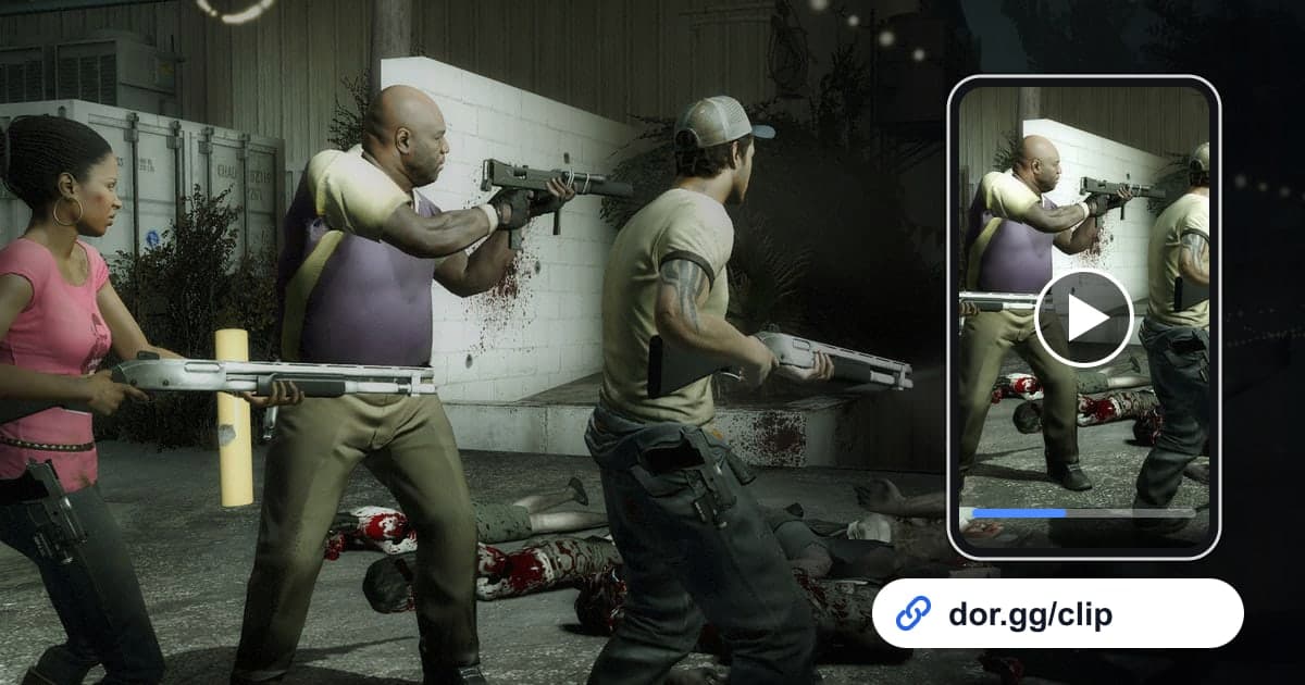 Left 4 Dead 2のゲーム画面に、動画を再生するスマートフォンとdor.ggリンクを重ねた画像