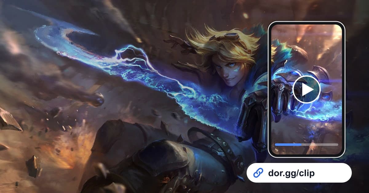 Arte de gameplay de League of Legends con un celular reproduciendo el clip y un enlace para compartir de dor.gg
