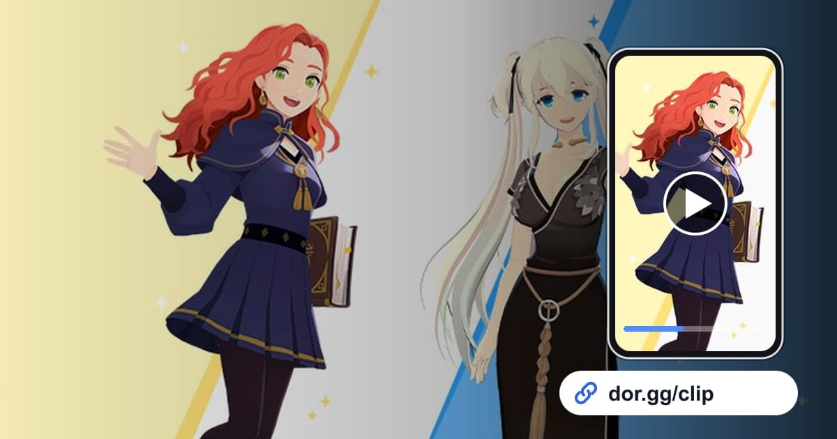 Mabinogi Mobile-Gameplay mit einem Smartphone, das den Clip abspielt, und einem dor.gg-Teilen-Link