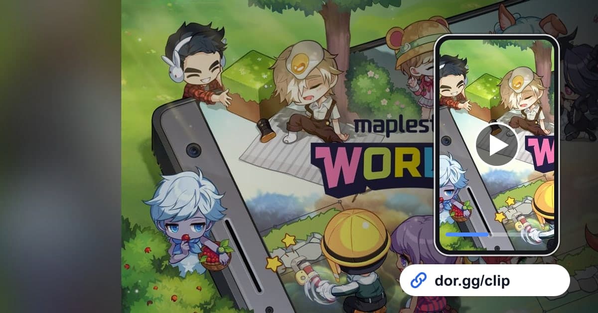 MapleStory Worldsのゲーム画面に、動画を再生するスマートフォンとdor.ggリンクを重ねた画像