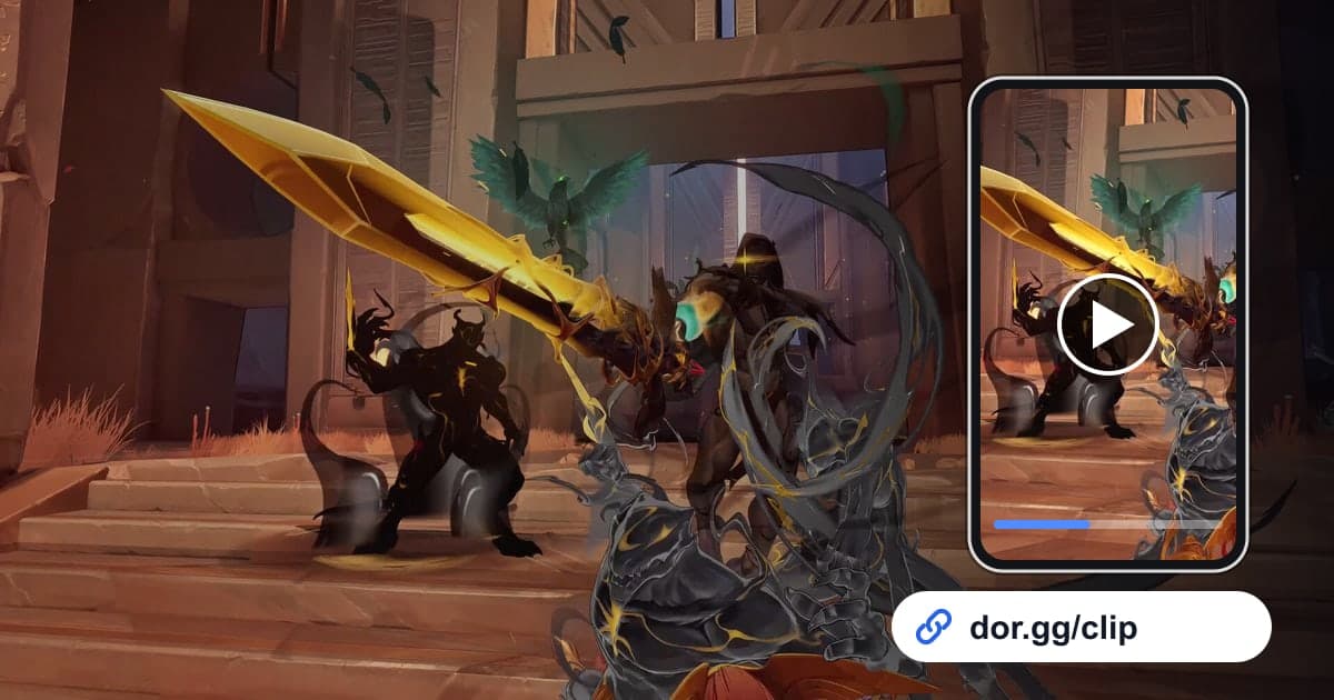 Arte de gameplay de Marvel Rivals con un celular reproduciendo el clip y un enlace para compartir de dor.gg