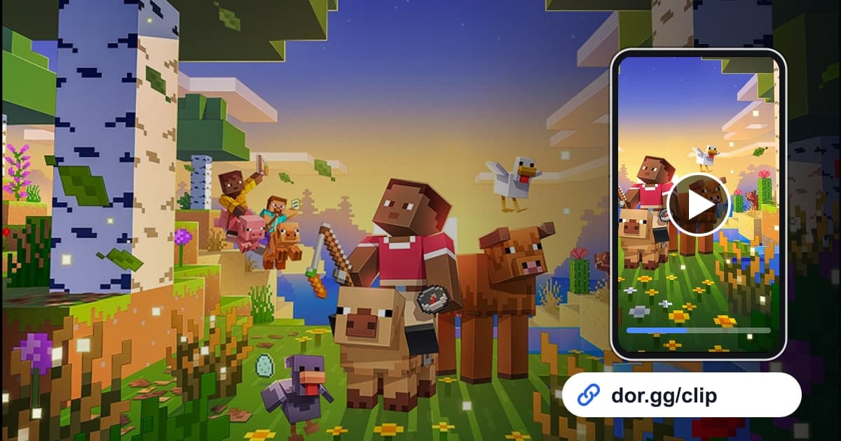 マインクラフトのゲーム画面に、動画を再生するスマートフォンとdor.ggリンクを重ねた画像