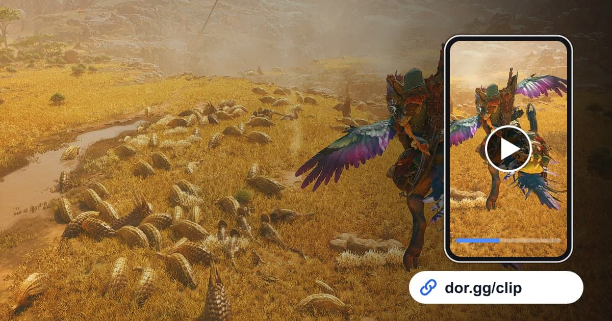モンスターハンターワイルズのゲーム画面に、動画を再生するスマートフォンとdor.ggリンクを重ねた画像