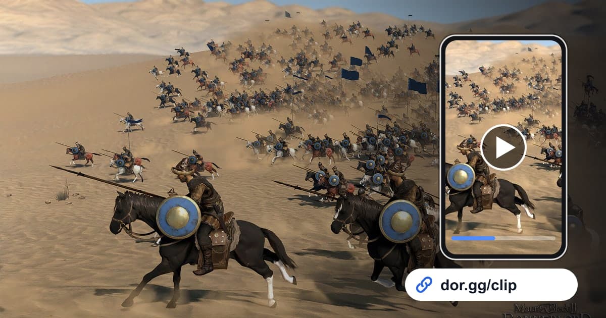 Mount & Blade II: Bannerlordのゲーム画面に、動画を再生するスマートフォンとdor.ggリンクを重ねた画像