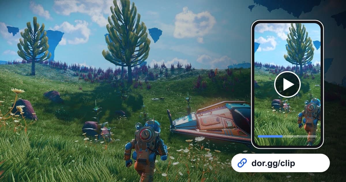 No Man's Skyのゲーム画面に、動画を再生するスマートフォンとdor.ggリンクを重ねた画像