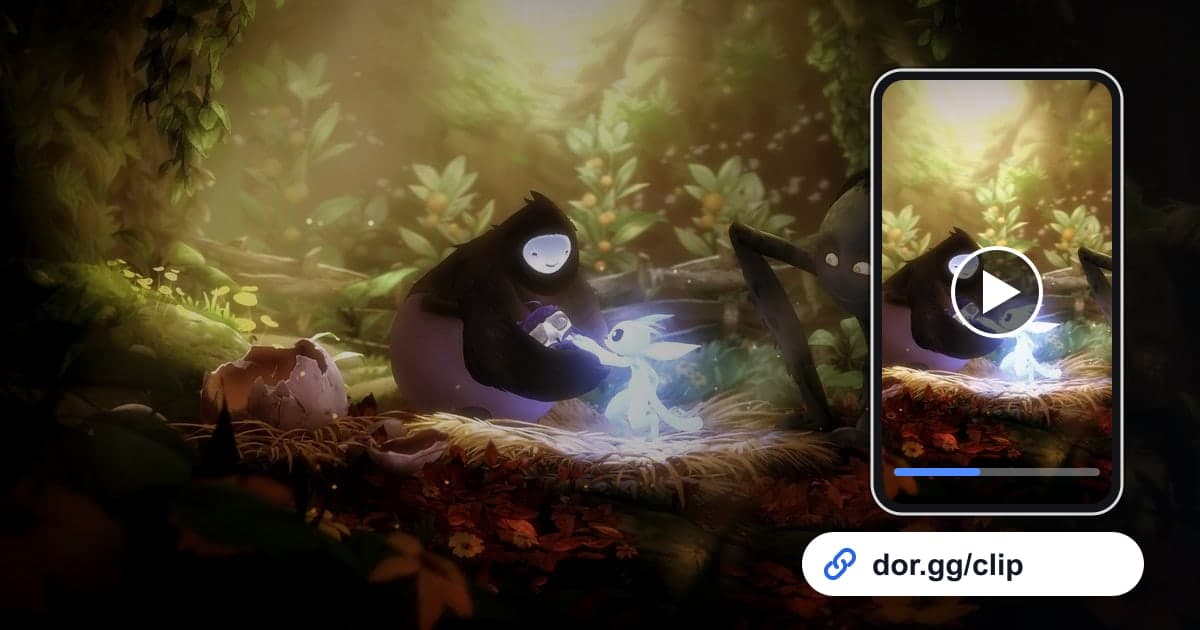 Ori and the Will of the Wisps gameplay art with a phone playing the clip and a dor.gg share link
