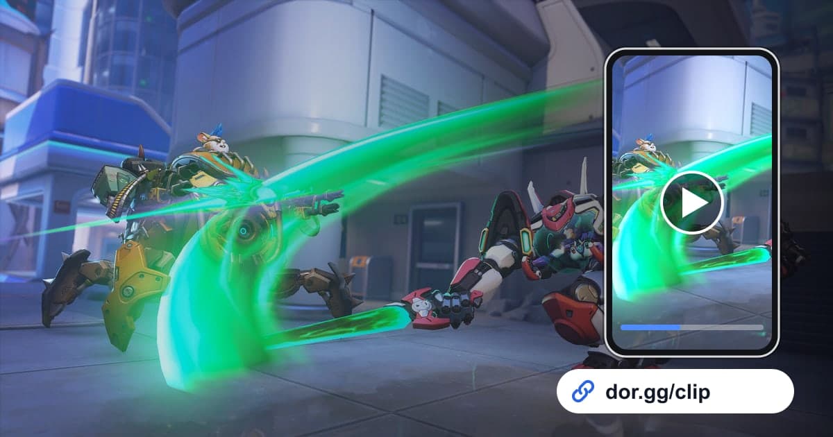 オーバーウォッチ2のゲーム画面に、動画を再生するスマートフォンとdor.ggリンクを重ねた画像