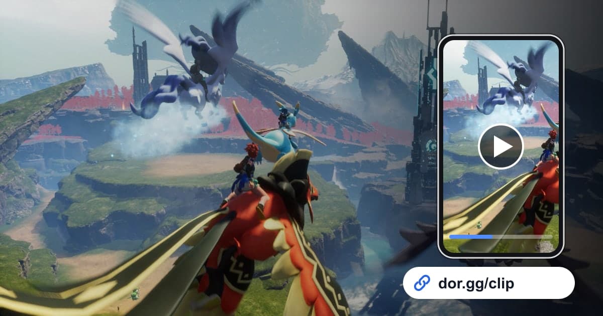 Palworld gameplay art with a phone playing the clip and a dor.gg share link