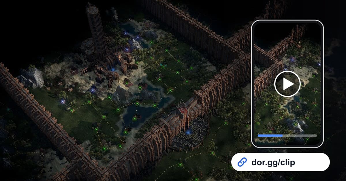 Artwork gameplay Path of Exile 2 dengan ponsel yang memutar klip dan link share dor.gg