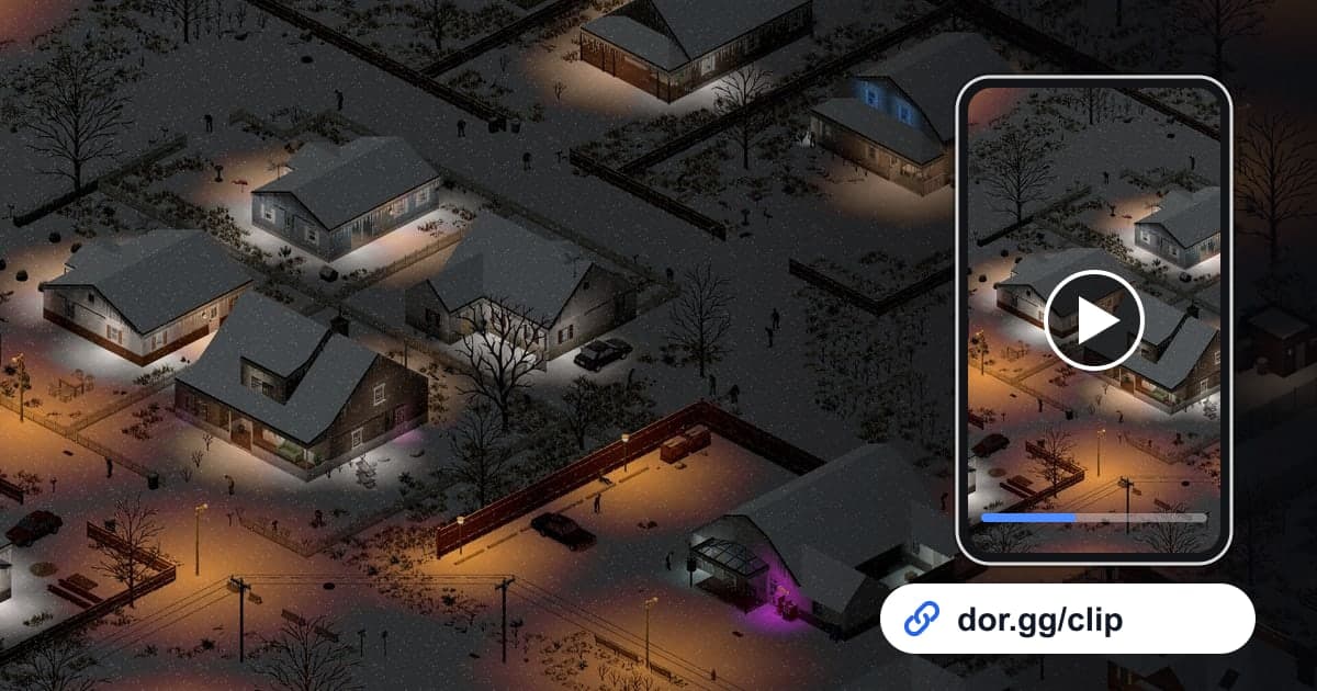 Arte de Project Zomboid con un celular reproduciendo el clip y un enlace para compartir de dor.gg