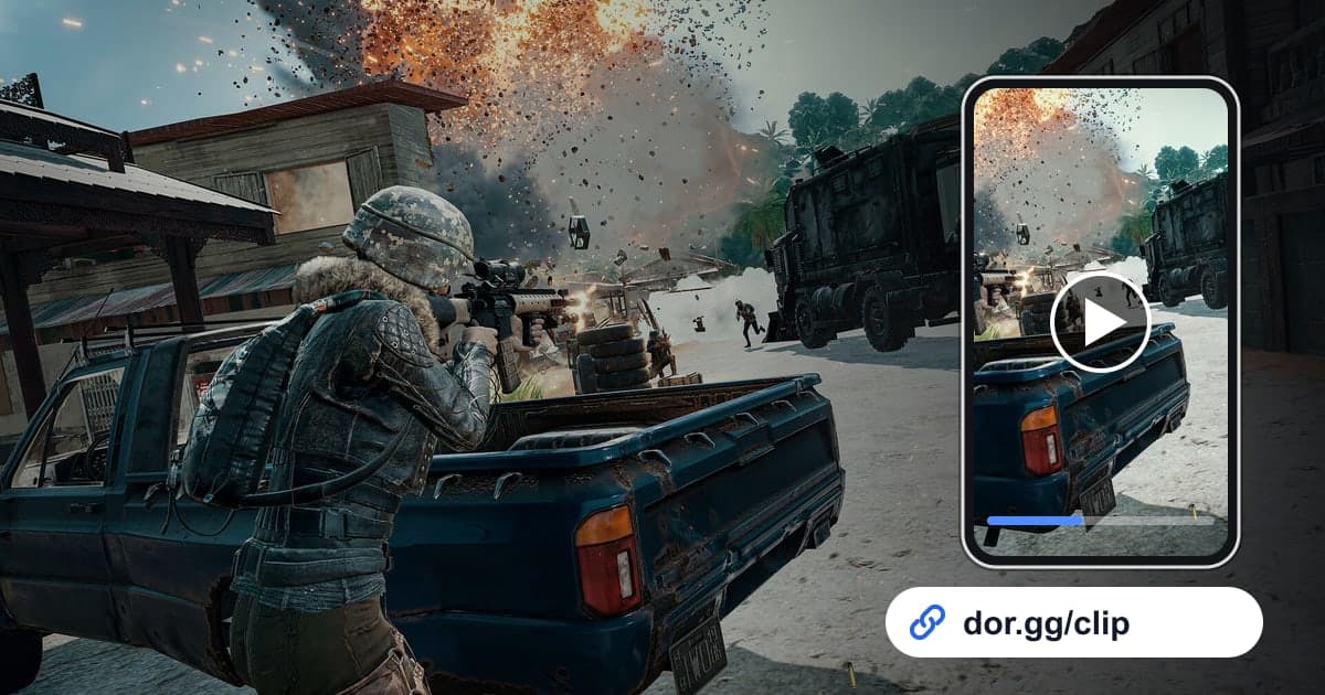 Arte de gameplay de PUBG: Battlegrounds con un celular reproduciendo el clip y un enlace para compartir de dor.gg