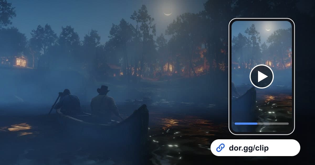 Arte de gameplay de Red Dead Redemption 2 com um celular reproduzindo o clipe e um link de compartilhamento do dor.gg