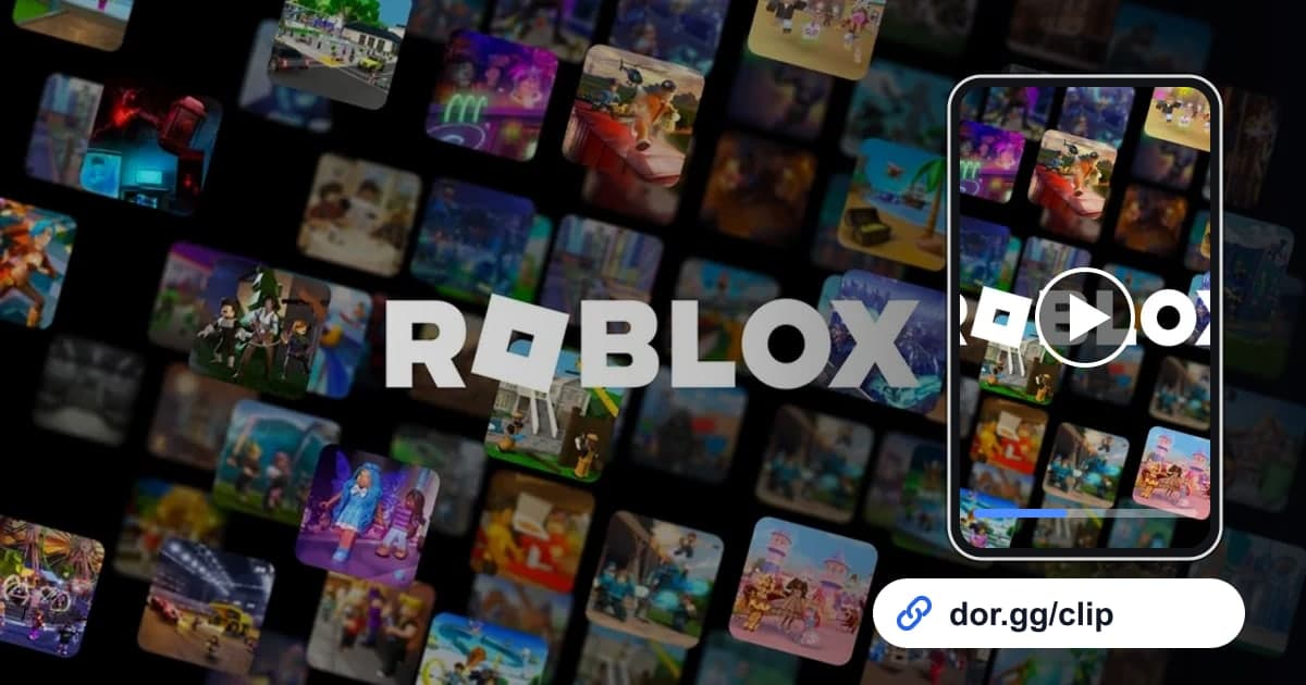 Roblox-Artwork mit einem Smartphone, das den Clip abspielt, und einem dor.gg-Link zum Teilen