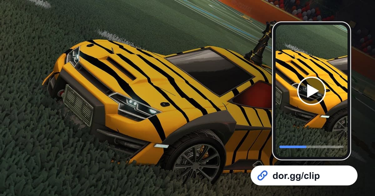 Rocket League gameplay art with a phone playing the clip and a dor.gg share link