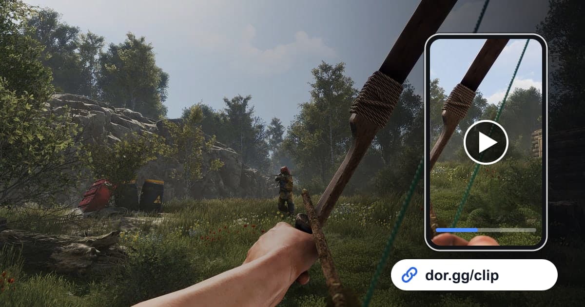 Arte de gameplay de Rust con un celular reproduciendo el clip y un enlace para compartir de dor.gg