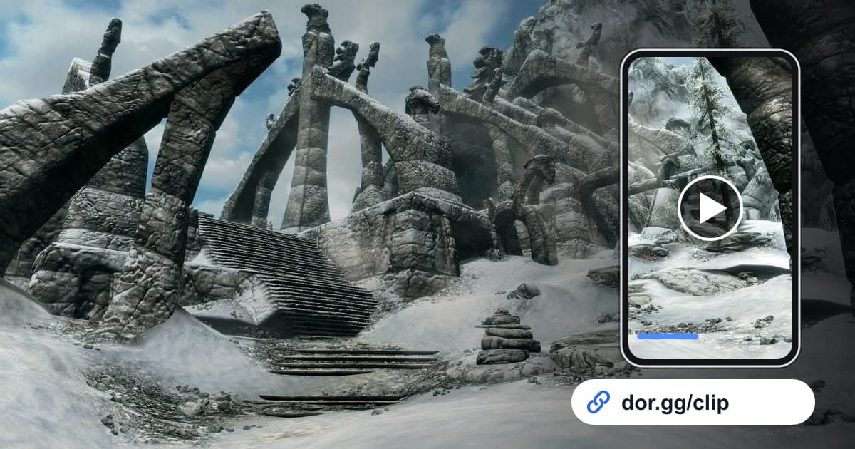The Elder Scrolls V: Skyrim Special Editionのゲーム画面に、動画を再生するスマートフォンとdor.ggリンクを重ねた画像