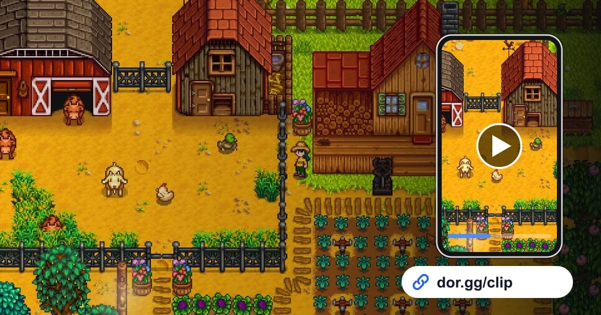 Stardew Valleyのゲーム画面に、動画を再生するスマートフォンとdor.ggリンクを重ねた画像