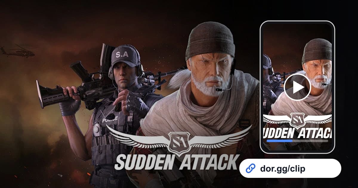 Sudden-Attack-Artwork mit einem Smartphone, das den Clip abspielt, und einem dor.gg-Teilen-Link