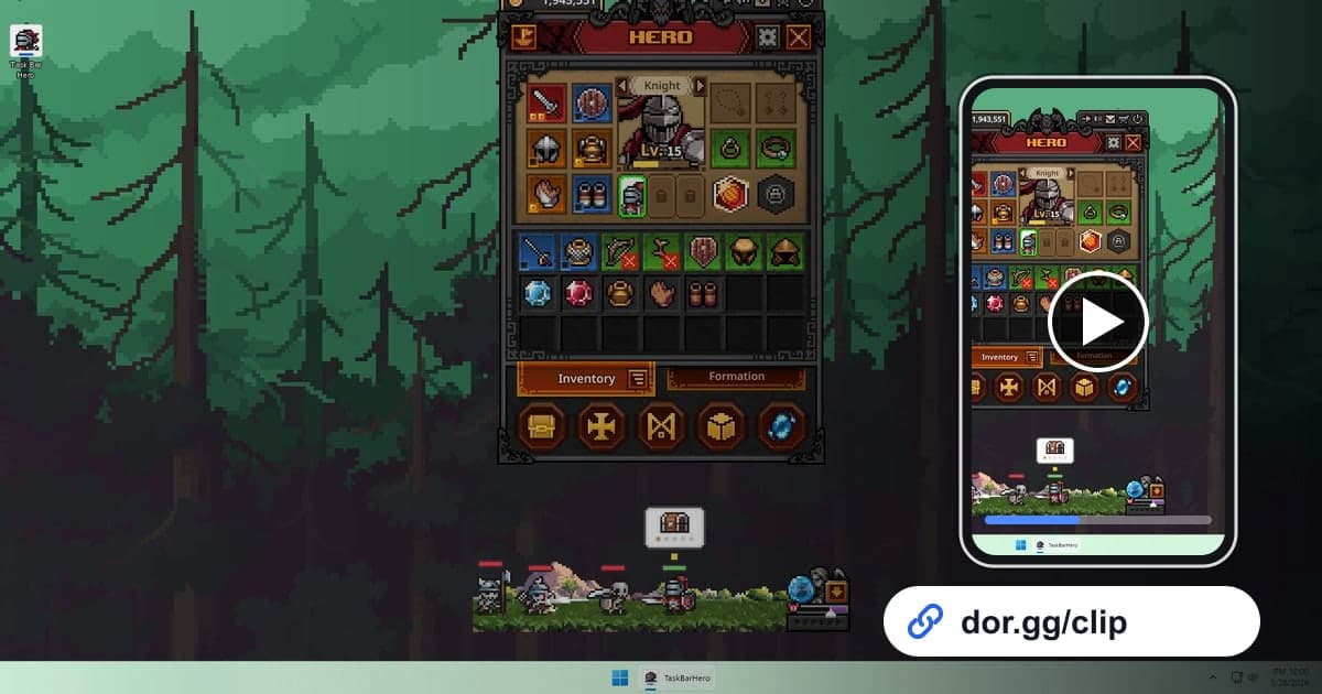 TBH: Task Bar Heroのゲーム画面に、動画を再生するスマートフォンとdor.ggリンクを重ねた画像