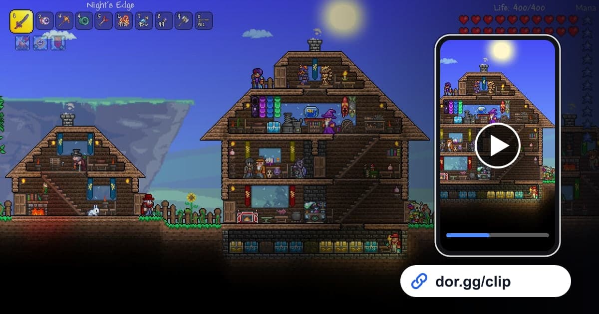 Artwork gameplay Terraria dengan ponsel yang memutar klip dan link share dor.gg