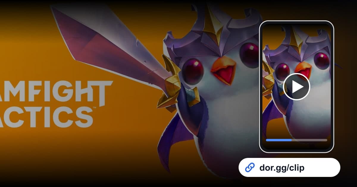 Teamfight Tactics gameplay art with a phone playing the clip and a dor.gg share link