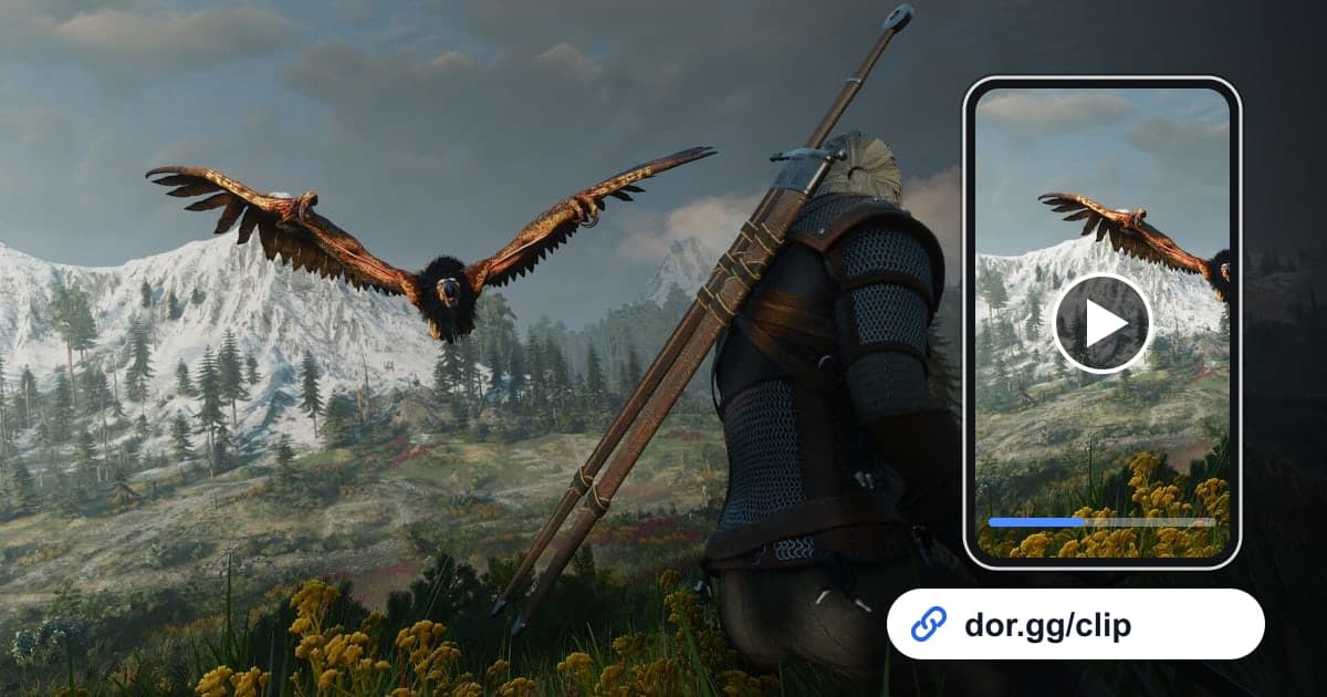 Gameplay aus The Witcher 3: Wild Hunt mit einem Smartphone, das den Clip abspielt, und einem dor.gg-Teilen-Link