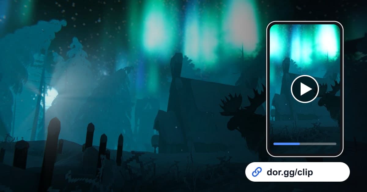 Arte de Valheim con un celular reproduciendo el clip y un link para compartir de dor.gg