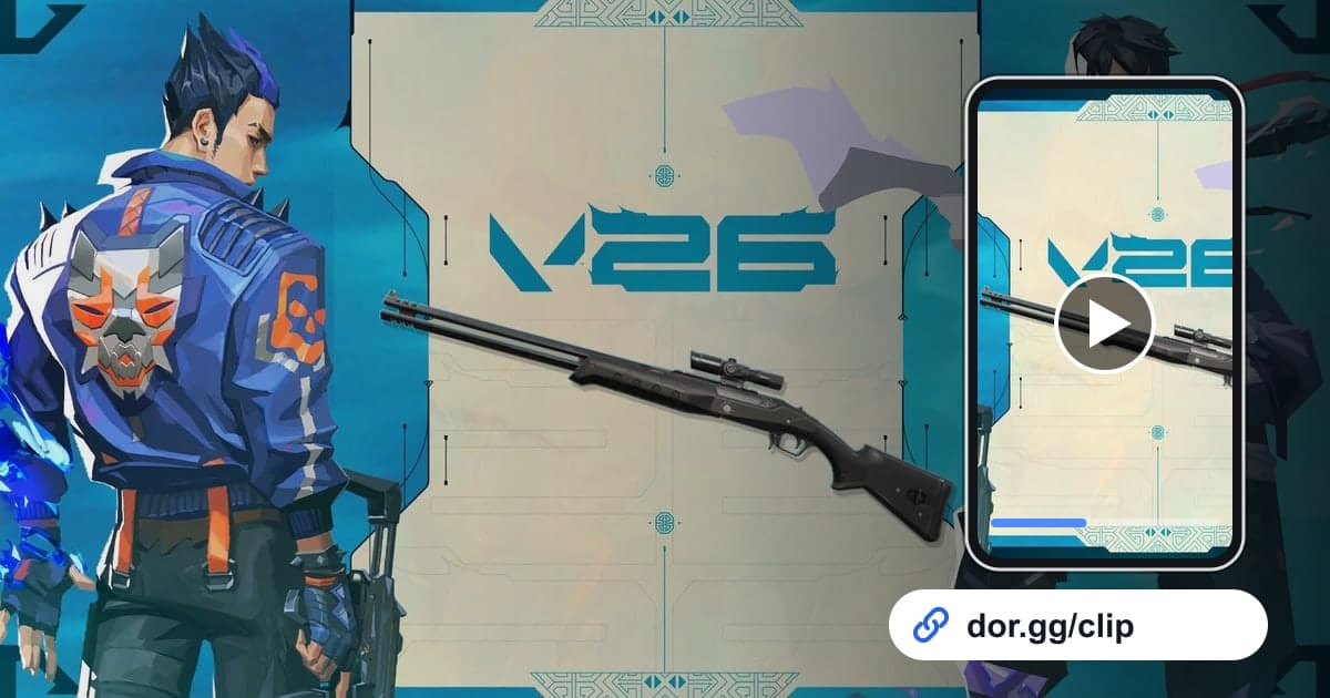 VALORANT gameplay art with a phone playing the clip and a dor.gg share link