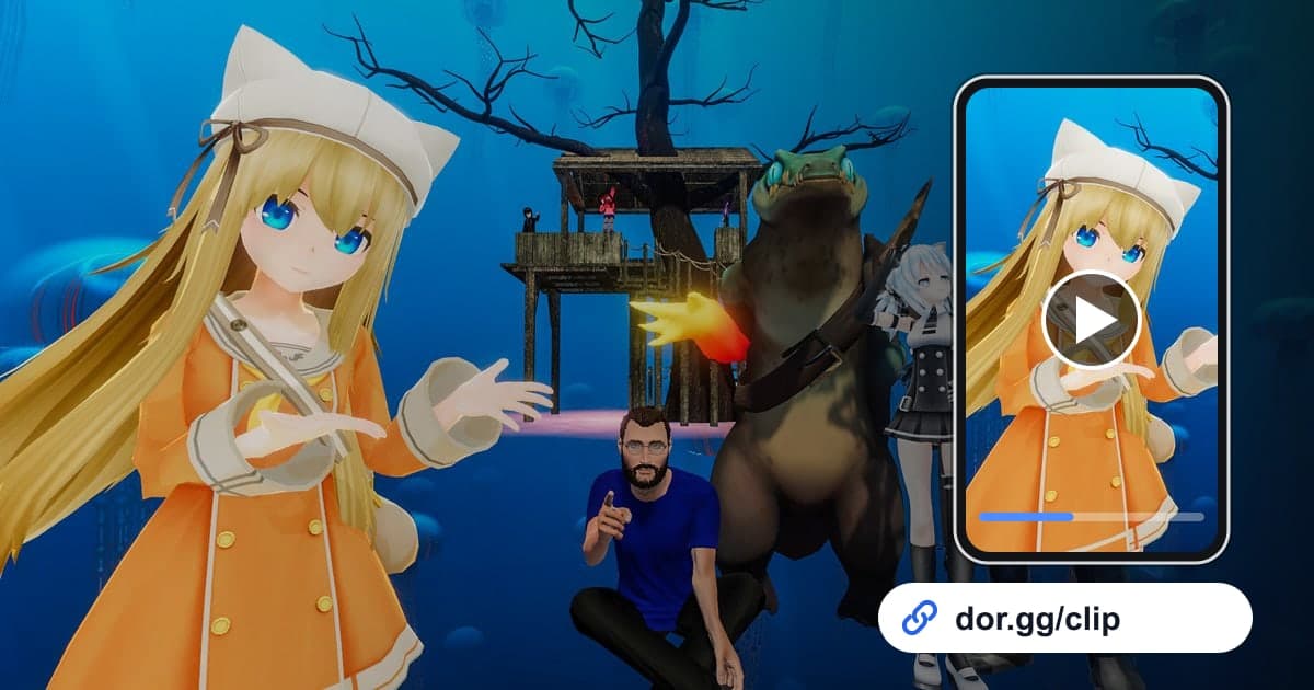 VRChat gameplay art with a phone playing the clip and a dor.gg share link