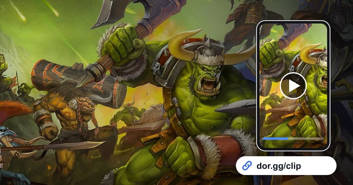 Gameplay aus Warcraft III: Reforged mit einem Smartphone, das den Clip abspielt, und einem dor.gg-Teilen-Link