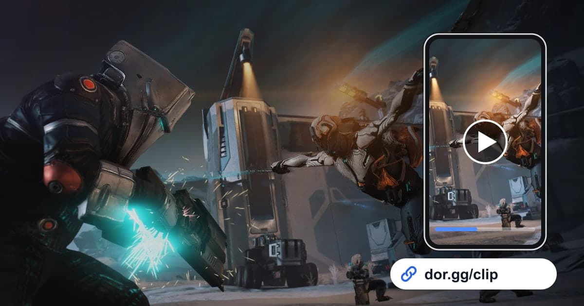 Arte de Warframe con un celular reproduciendo el clip y un link para compartir de dor.gg