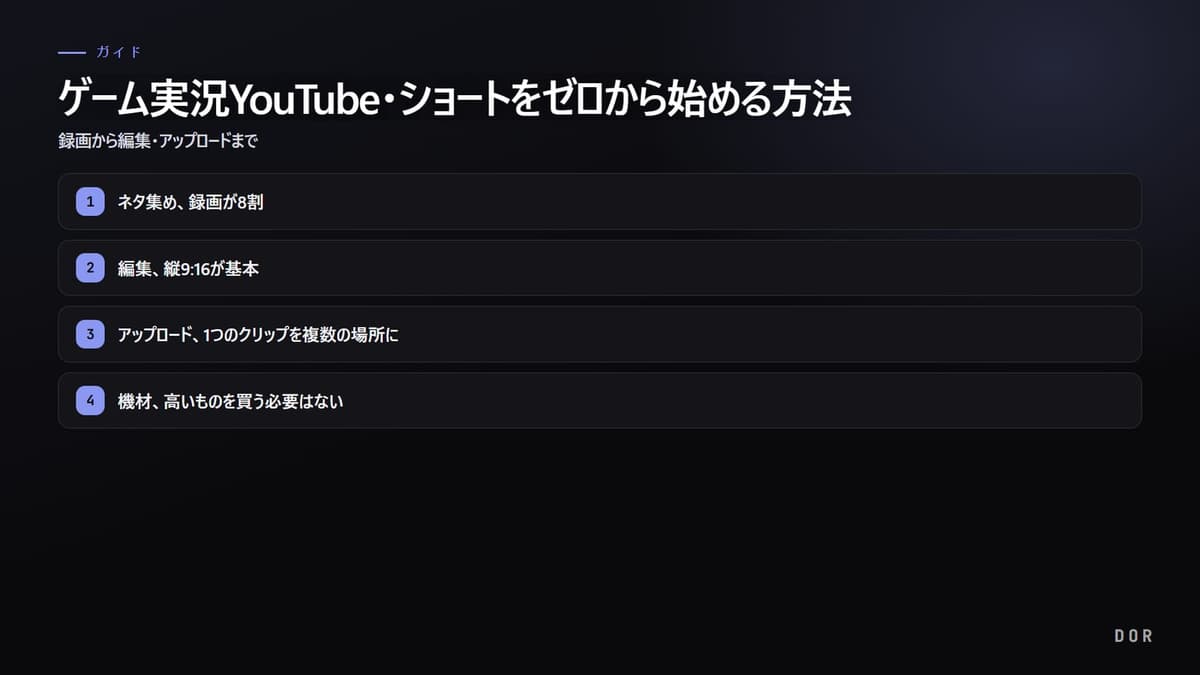 ゲーム実況YouTube・ショートをゼロから始める方法 の手順まとめ図