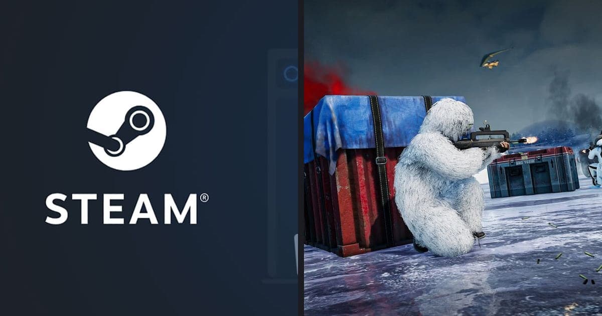 A side-by-side of the official Steam promotional image (the Steam logo and client screen) and an official PUBG: Battlegrounds Steam screenshot (a snowfield scene beside a supply crate)