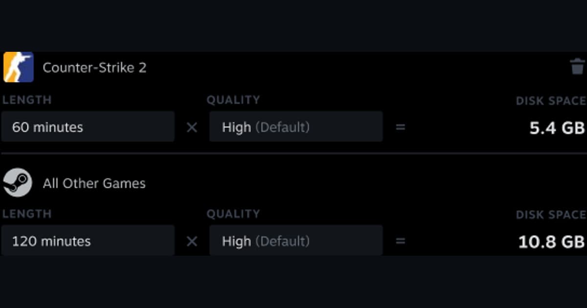 게임별 녹화 길이와 품질에 따른 예상 디스크 사용량을 보여 주는 Steam 공식 UI