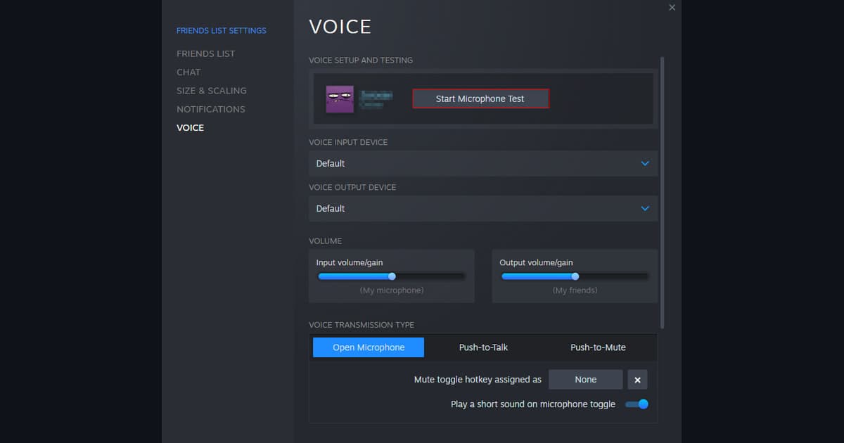 マイクテスト、入力デバイス、入力ゲイン、送信方式を表示するSteam Voice設定画面