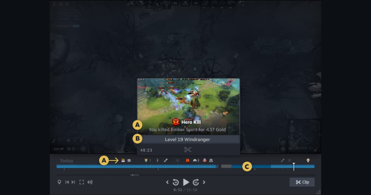 クリップとイベントマーカーを表示するSteamゲームレコーディングの公式プレイヤー画面