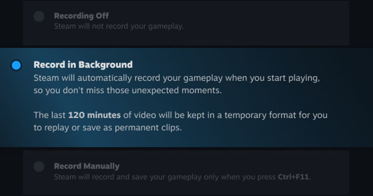 バックグラウンド録画を選択したSteamゲームレコーディングの公式設定画面