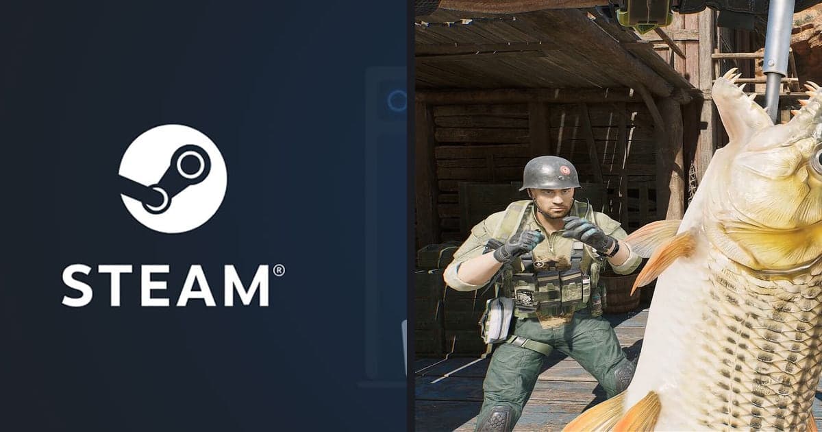Nebeneinander: das offizielle Steam-Werbebild (Steam-Logo und Client-Ansicht) und ein offizieller Steam-Screenshot aus Delta Force (zwei Soldaten und ein Fisch im Vordergrund)