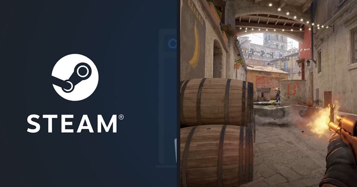 A side-by-side of the official Steam promotional image (the Steam logo and client screen) and an official Counter-Strike 2 Steam screenshot (a first-person shot of firing a rifle)