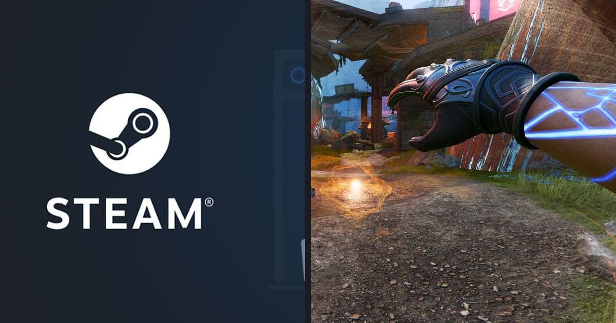 Steam 官方介绍图(Steam 标志与客户端界面)与Apex 英雄 官方 Steam 截图(第一人称移动场景)并排对比的图片