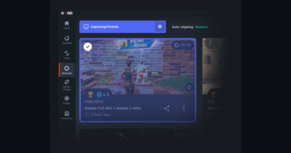 SteelSeries GG Moments library UI showing a captured Fortnite clip