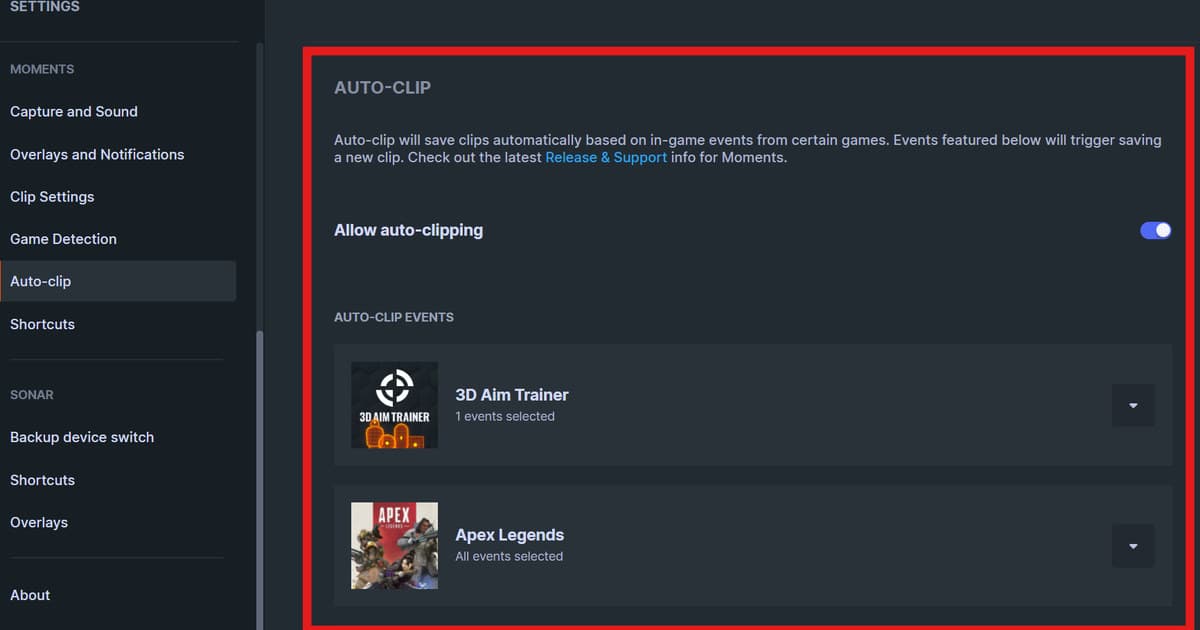 SteelSeries GG Moments Auto-clip settings with the per-game event list