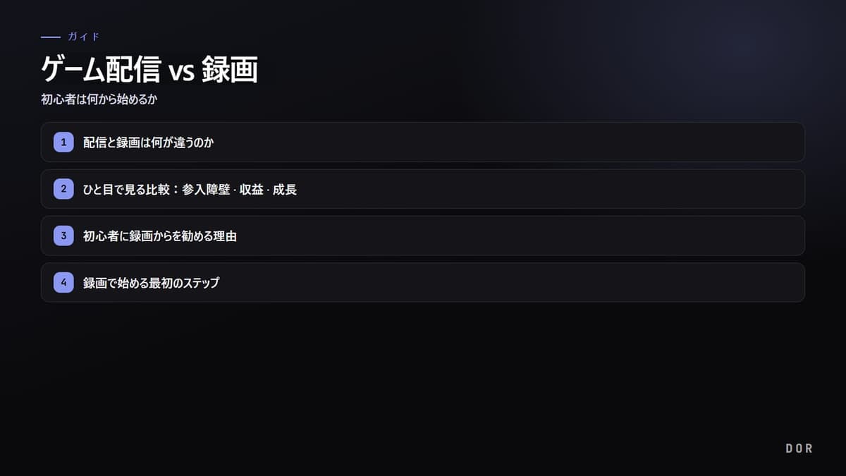 ゲーム配信 vs 録画 の手順まとめ図