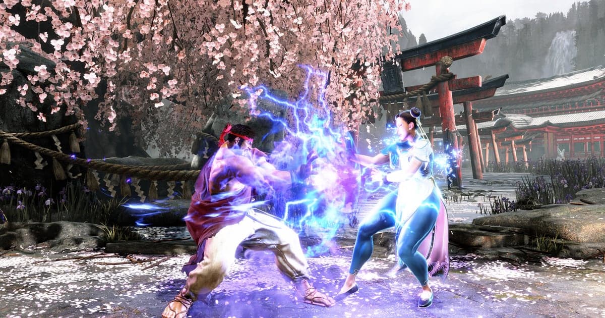 Ryu und Chun-Li kämpfen unter Kirschblüten, offizieller Screenshot aus Street Fighter 6