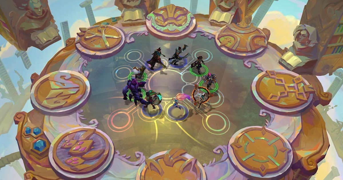 円形アリーナに複数のユニットを配置したTeamfight Tacticsのゲーム画面